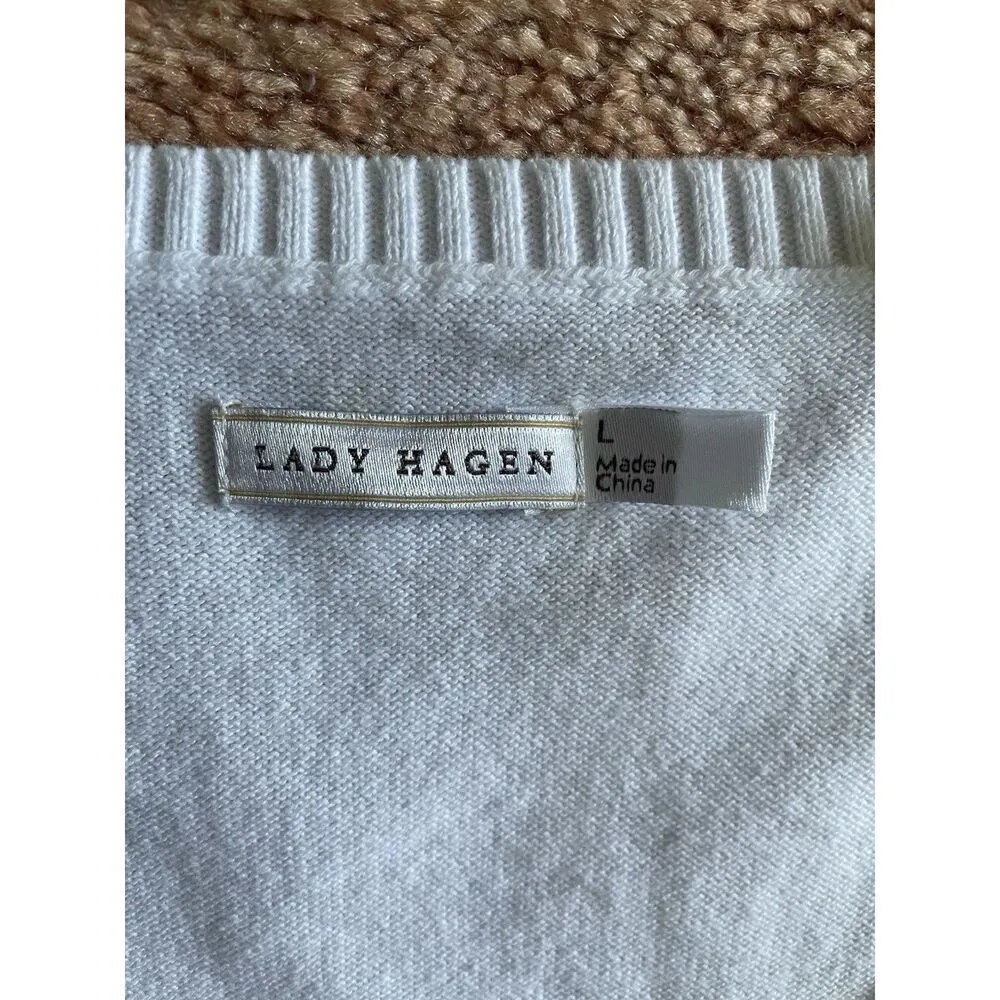 Lady Hagen White Sweater Vest L Argyle Diamond Knit Sleeveless Pullover Cotton - Image 2