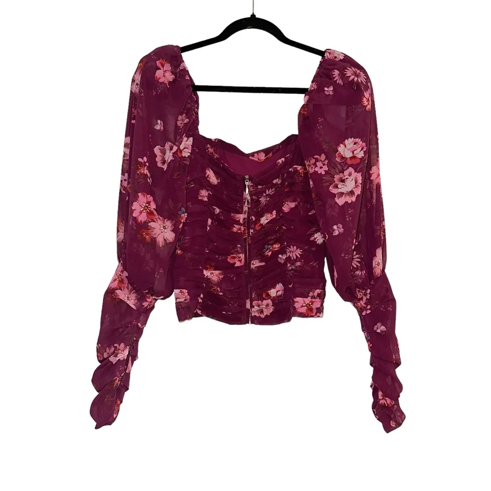 LPA Martha Floral Long Sleeve Chiffon Ruched Blouse in Jolene Floral XS - Image 4