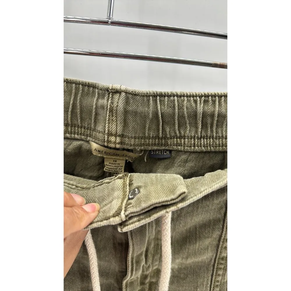 American Eagle size 18 Olive Stretch Denim Utility Tomgirl Drawstring Shorts - Image 4