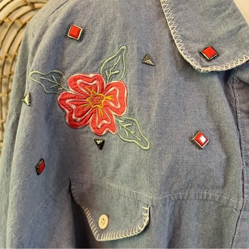 Vintage Bonnie Blair Embroidered Denim Shirt Jacket Western Cowgirl Glam Sz 3X Blue - Image 3