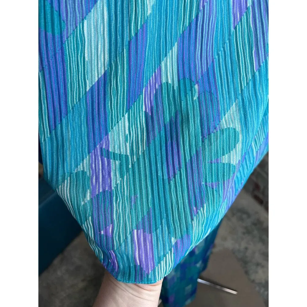 dress blouson floral vintage 1980s micro pleat top purple aqua Size M - Image 6