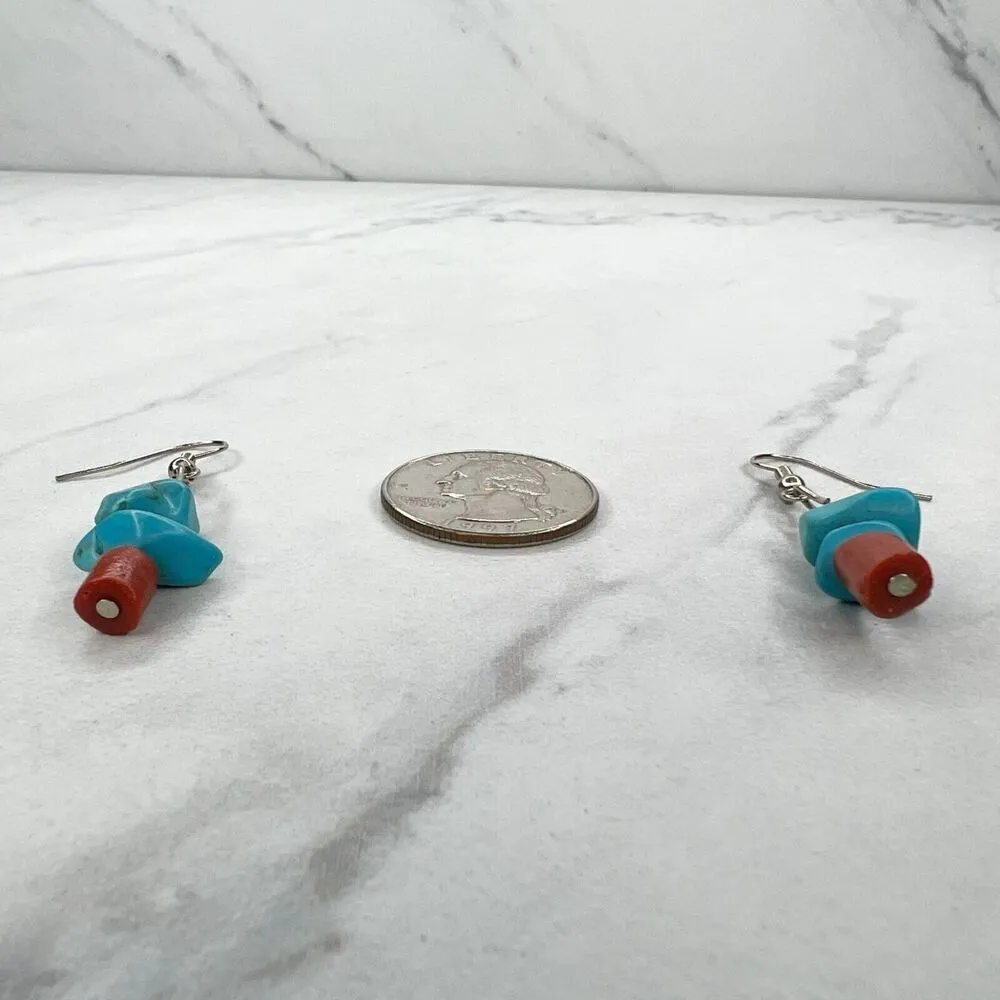 Silver Tone Faux Turquoise Faux Coral Dangle Earrings Pierced Pair - Image 7