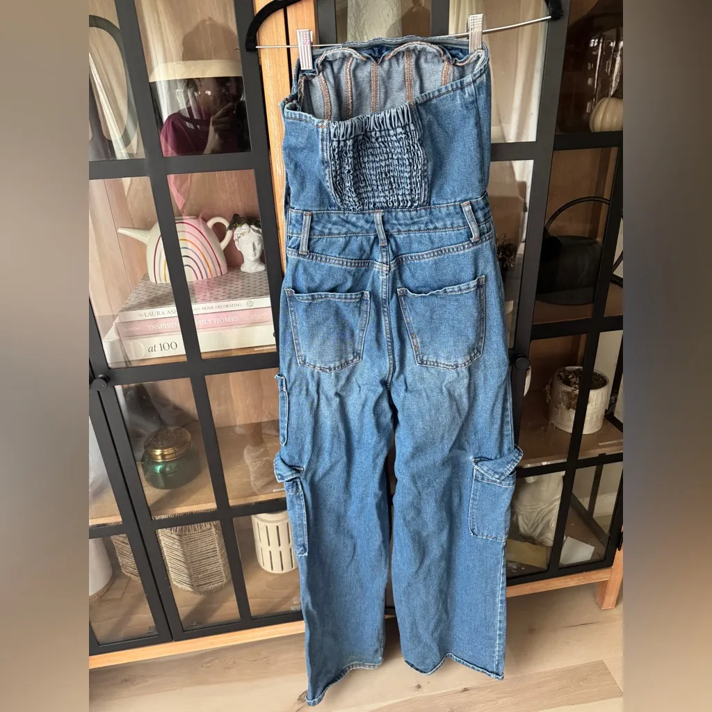 Wild Fable strapless denim jumpsuit utility corset cargo barrel leg jeans - Image 2