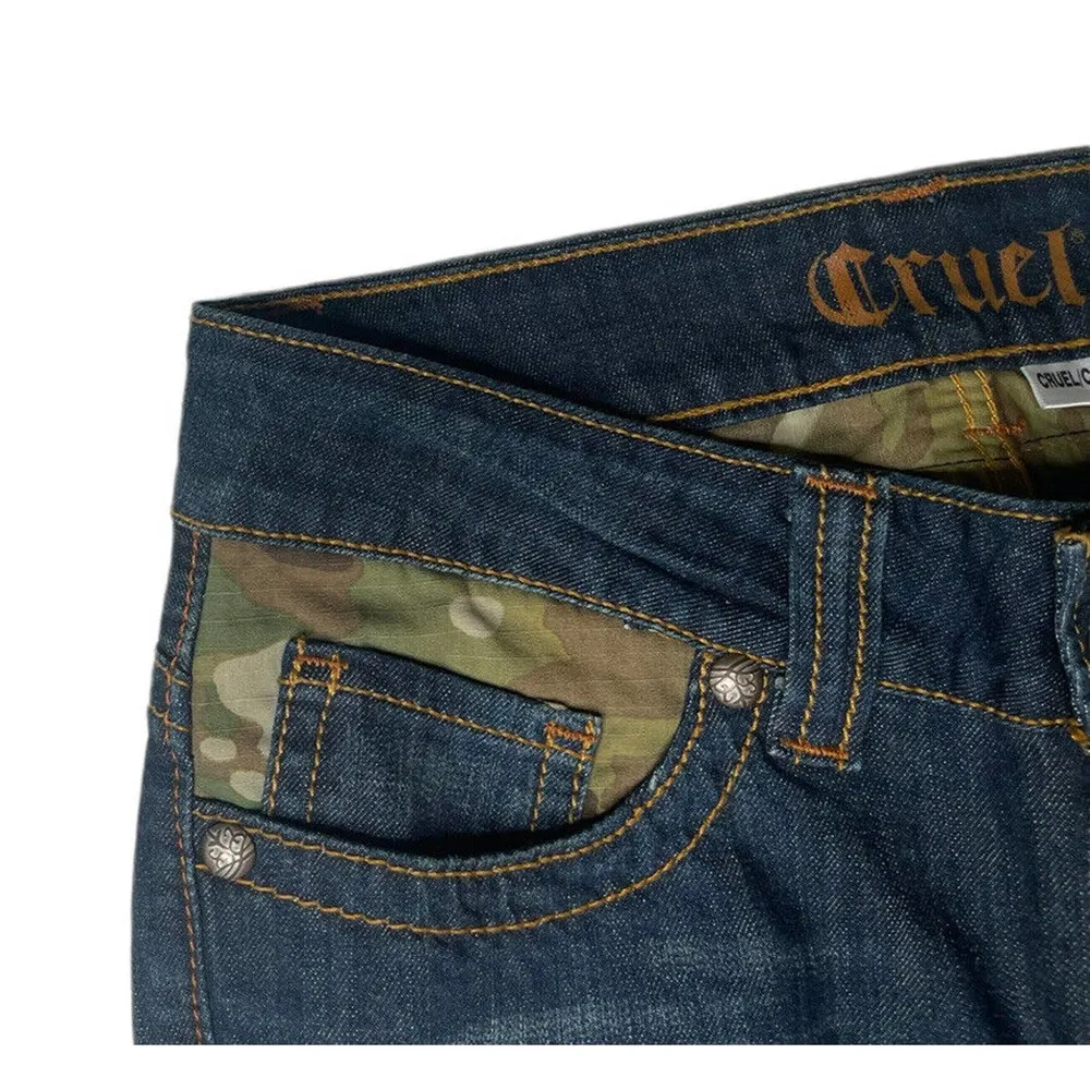 Juniors CRUEL CAMRYN Camo Stud Detail Dark Denim Low Rise Boot Cut Stretch Sz 5S - Image 4