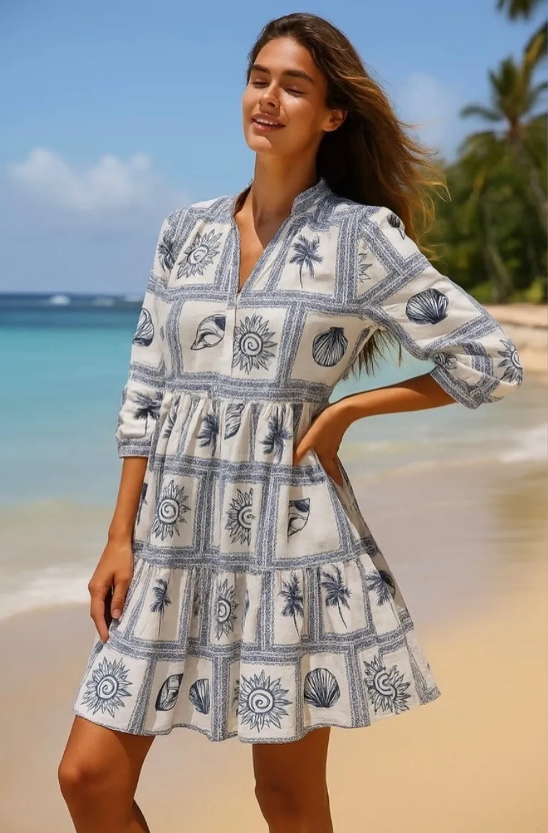 Calypso St Barth Beach Dress Tunic Sun Shell Palm Print Tiered V Neck XL White - Image 2