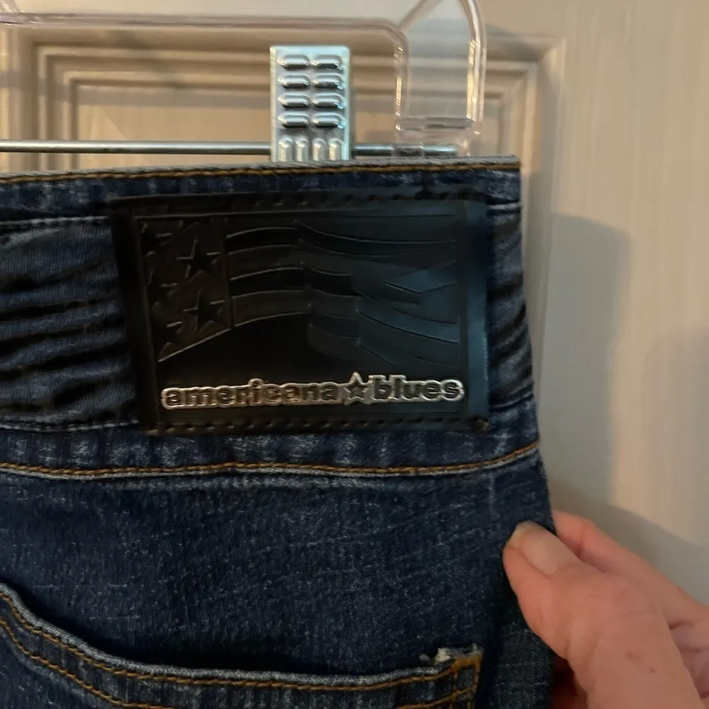 Americana Blues Y2K wide leg jeans with blue & black velvet zebra detail. Size 10 - Image 7