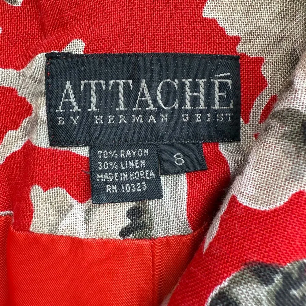 Vintage 80s Attaché by Herman Geist Linen Red Floral Blazer Jacket, Size 8 - Image 3