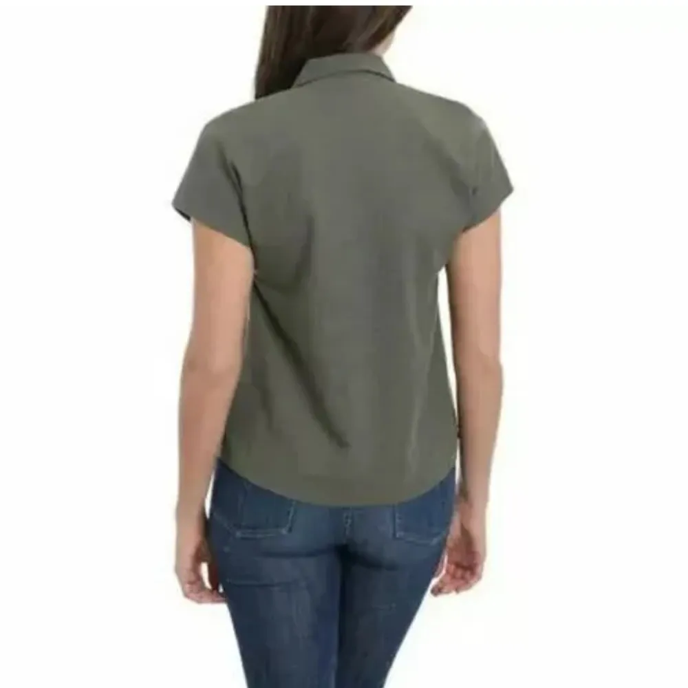 Briggs Linen Blend Button Up Short Sleeve Top - Olive Green - Size XL - Image 2
