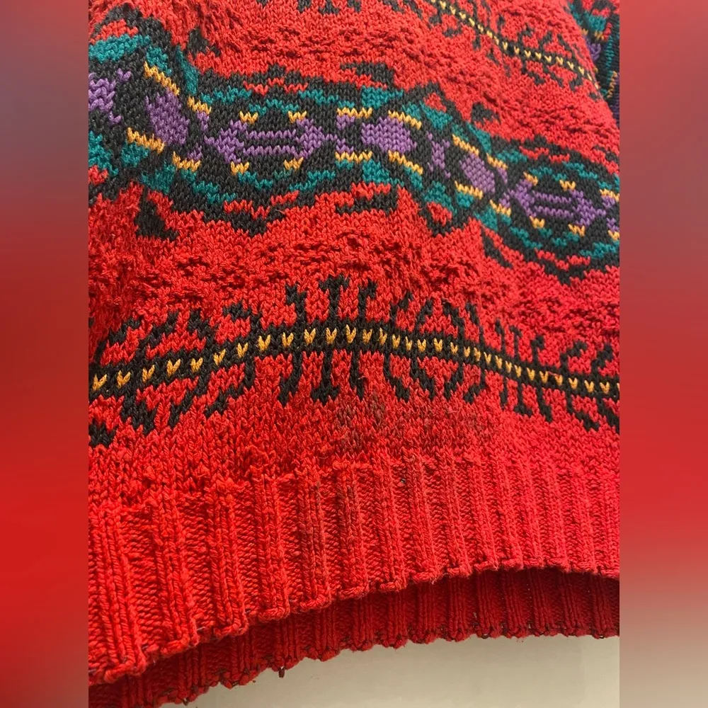 VTG 90s  Red Tribal Print Knitted Crew Neck Long Sleeve Sweater - M - Image 10