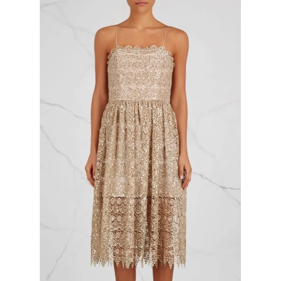 NWT  Embellished Lace Midi Alma Sequin Gold Dress Scallop Cocktail - Image 4