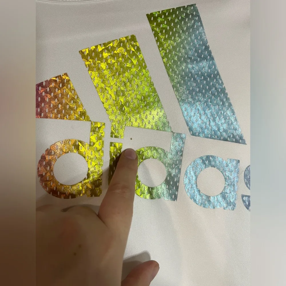 Adidas White Long Sleeve Scoop Neck Climalite Top Rainbow Decal Logo Size Large - Image 10