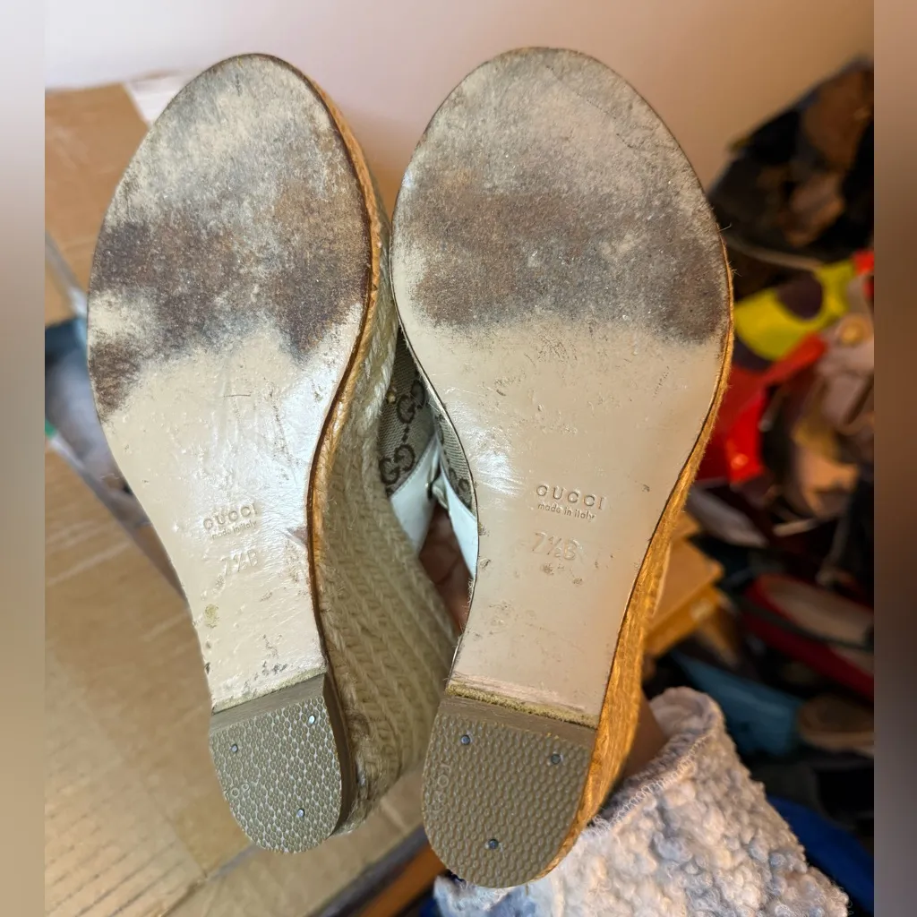 Gucci GG Canvas Espadrille Peeptoe Wedges - Image 10