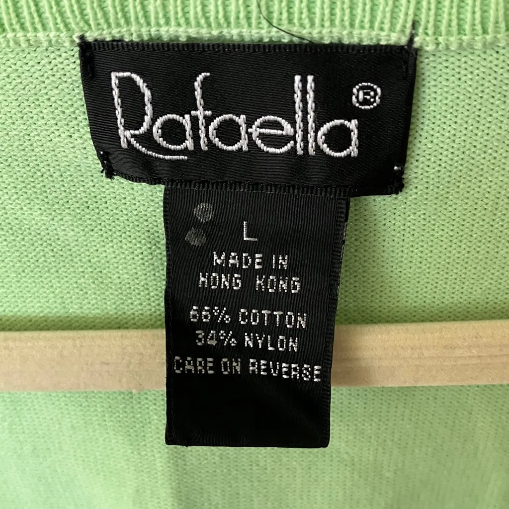 Rafaella: Lime Green Short Sleeve Sweater Top- Embroidered Floral Details- L - Image 2