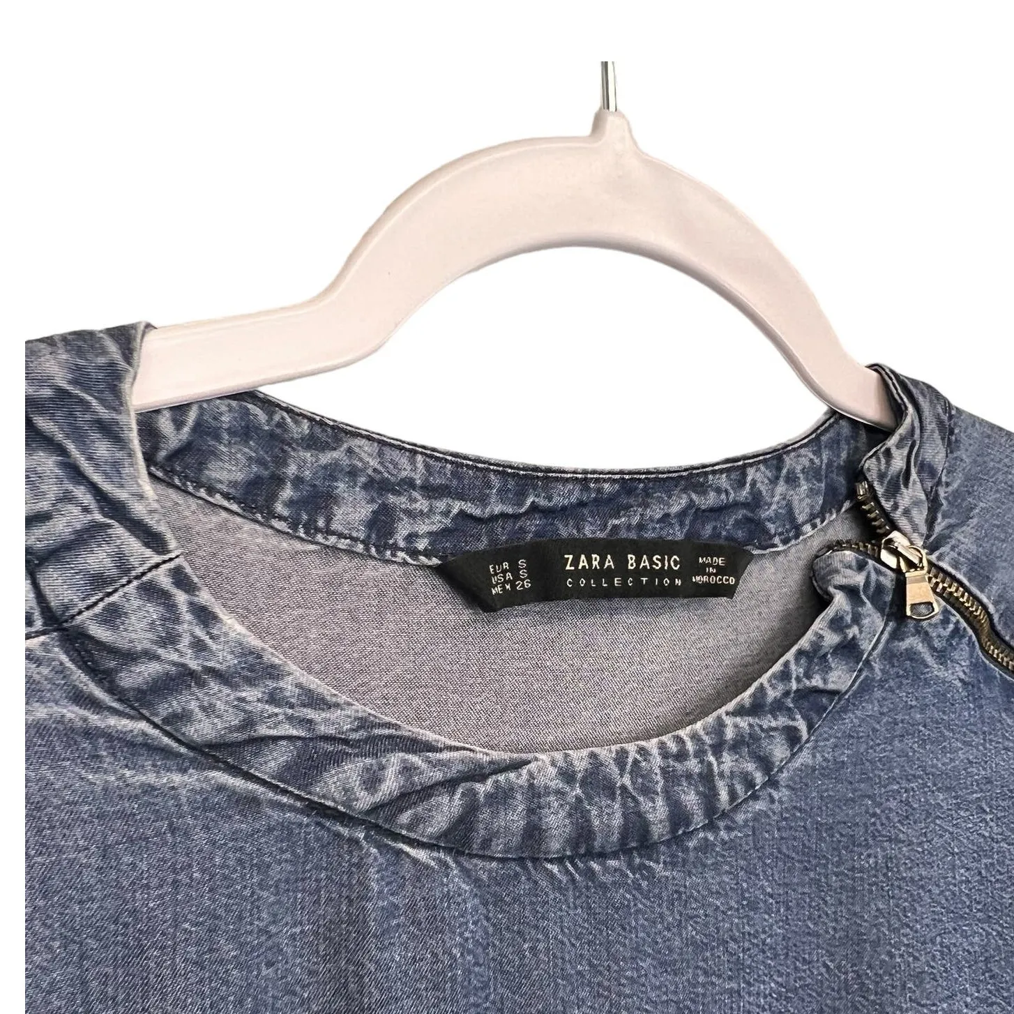 Zara Basic Chambray Shift Dress Gray Blue S Zip Shoulder Minimalist Relaxed Chic - Image 4