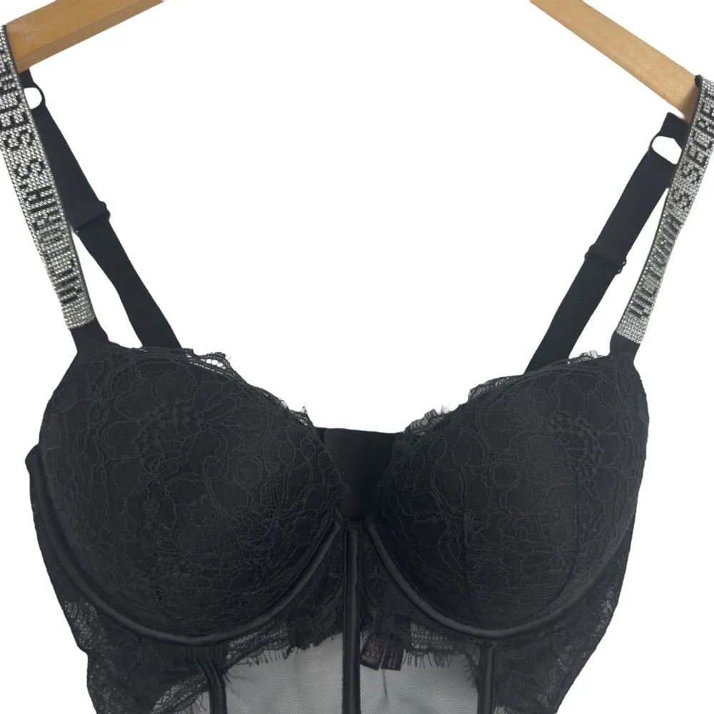 Victoria’s Secret Black Rhinestone Strap Pushup Corset Bra Top 36D Floral Lace - Image 5