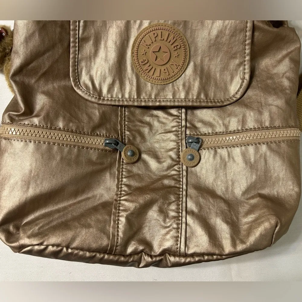 Kipling Backpack Purse Bag Drawstring With Monkey Key Chain Shiny Gold Color - Image 4