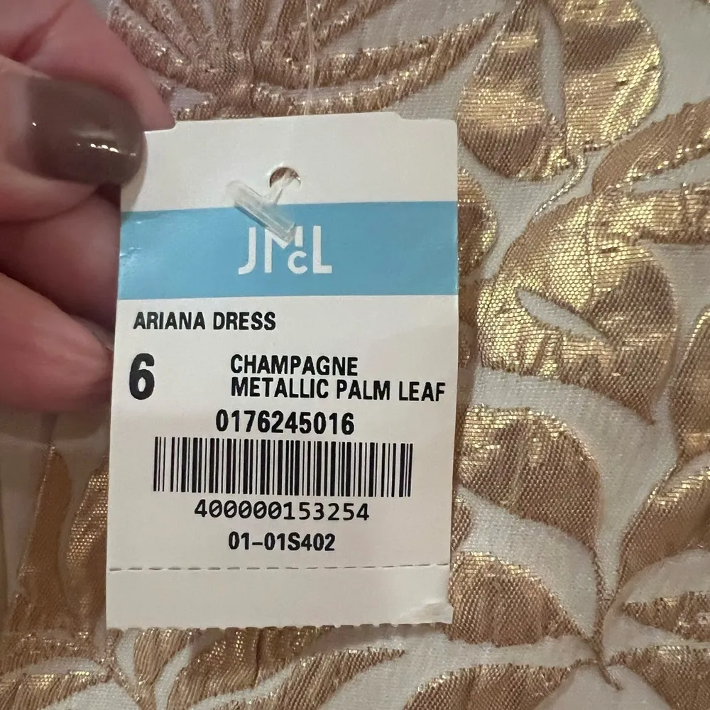 J. McLaughlin Ariana Champagne Gold Metallic Palm Leaf Party Cocktail Dress Sz 6 - Image 8