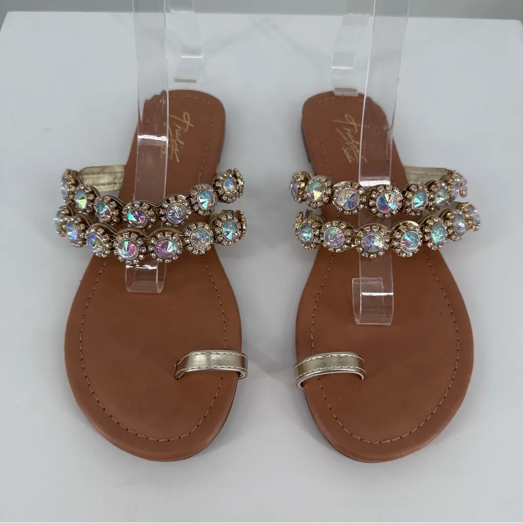 Thalia Sodi Joya Faux Leather Rhinestone Strap Flat Sandals sz 6.5 Crystals Toe - Image 4