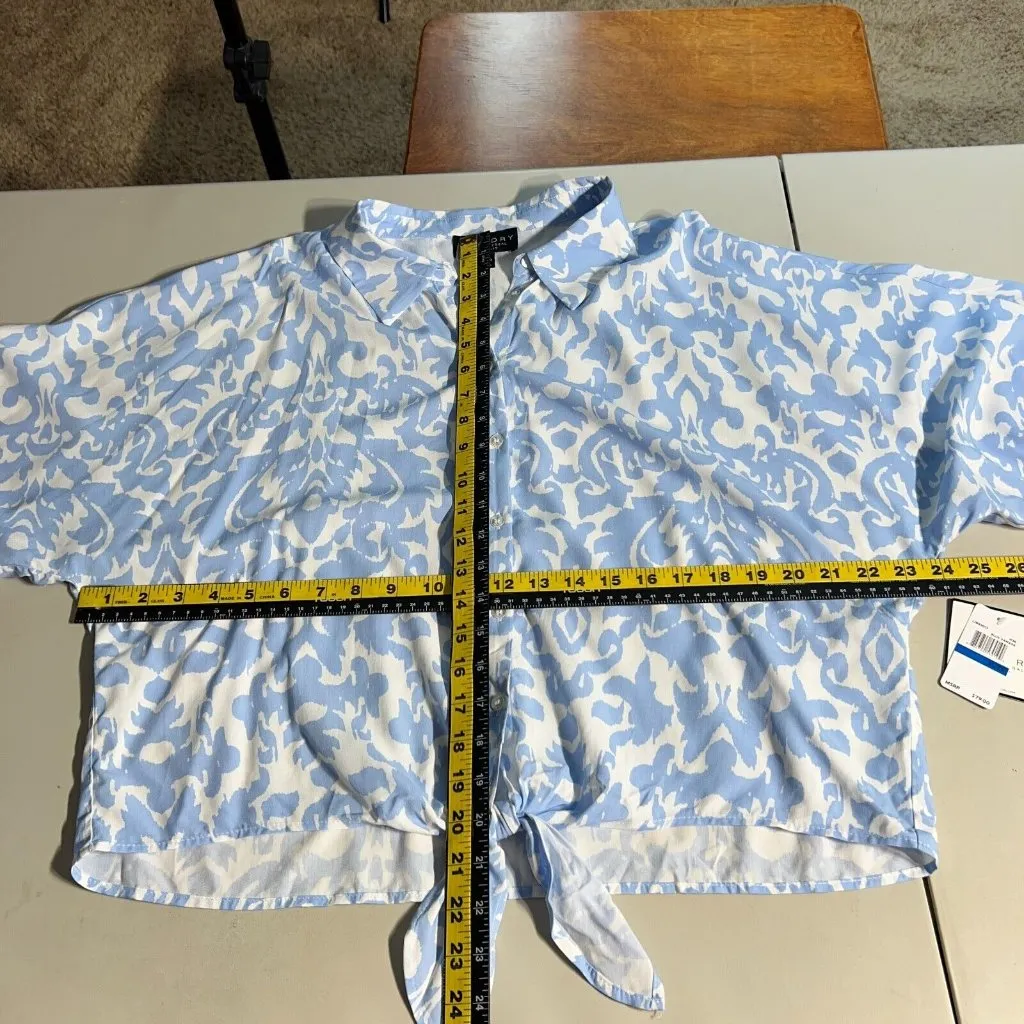 Laundry by Shelli Segal Top XL Blue Damask Crop Button Up Tie Hem 3/4‎ Dolman Sl - Image 2