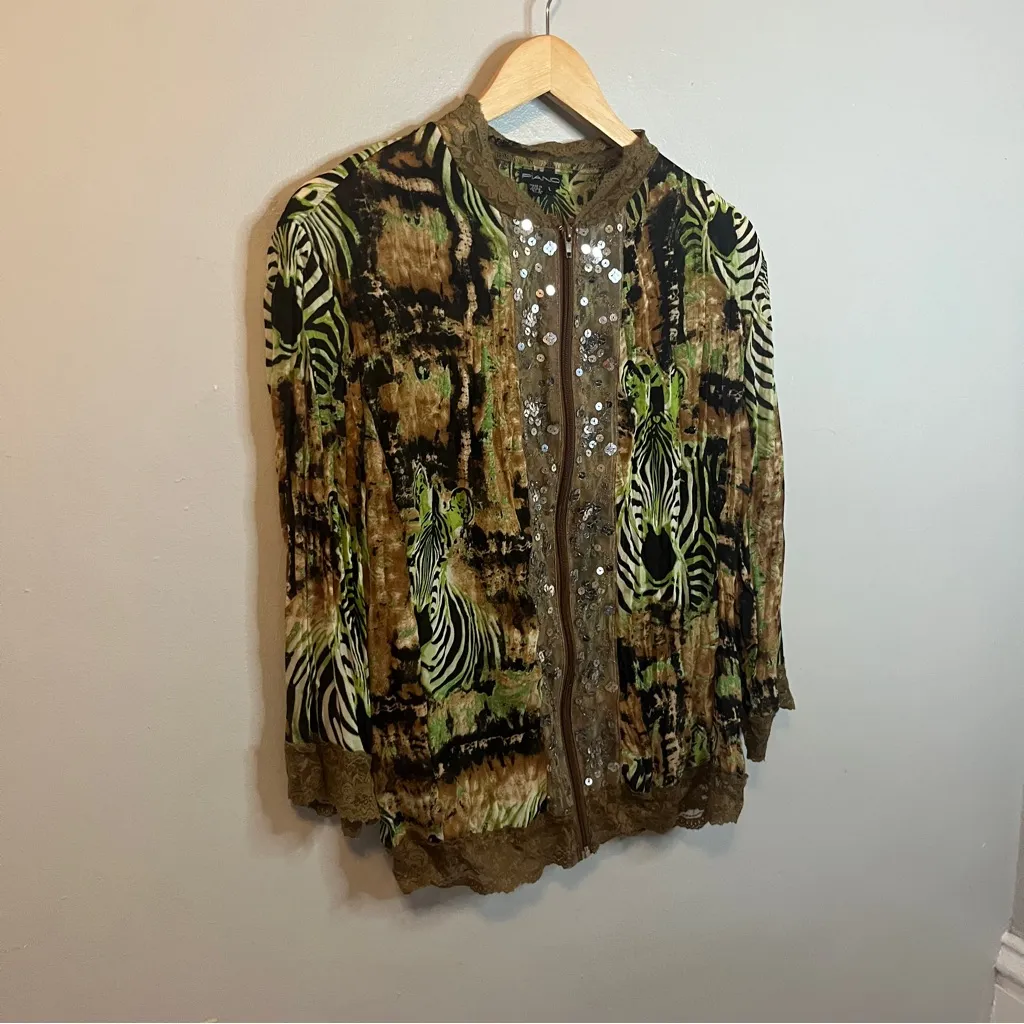 Vintage Sequin Zip Up Brown and Green Zebra Print Cardigan Size L - Image 2