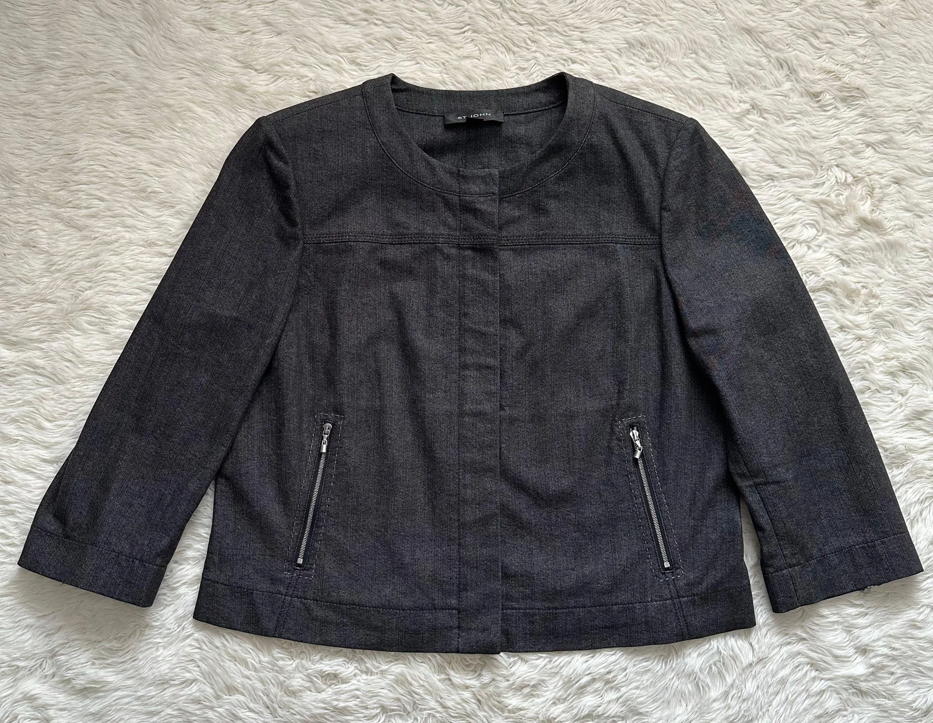Jacket Full Zip Up 3/4 Sleeves Collarless Pockets Denim Black L - Image 2