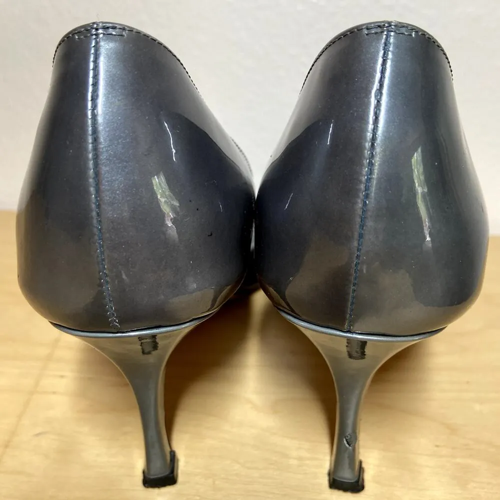 Manolo Blahnik Peep Toe Pumps Leather Striped Insole Silver EU38 US 7.5 - Image 4
