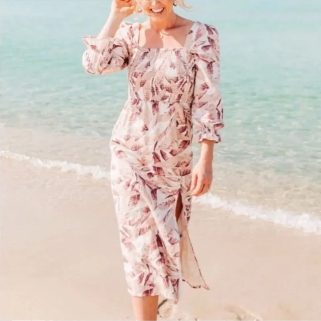 NWOT House of Harlow 1960 Linen Smocked Pink Palm Midi Dress Bishop Sleeve Size M - Image 2