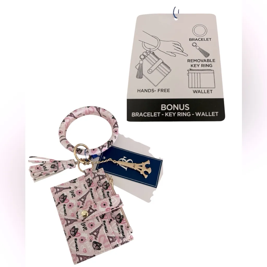 PARIS BUTTERFLY 3 Pc. BRACELET KEYRING WALLET SET Pink - Image 2