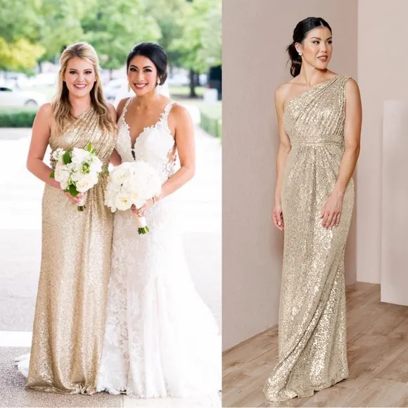 Revelry • Starla gown one shoulder Ivory Gold sequin floor length bridesmaid Size 4 - Image 2