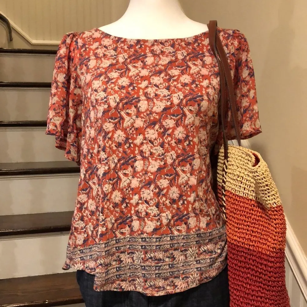LUCKY BRAND Flutter Sleeve Rust, Navy, Ivory Floral Shirt With Floral Hem Sz SM - Image 9