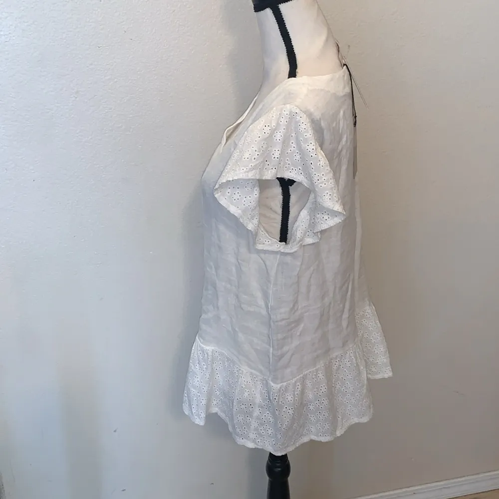 Lungo L'arno White 100% Linen Brodarie Eyelet Trim Peplum Top Italy NWT Size L - Image 5