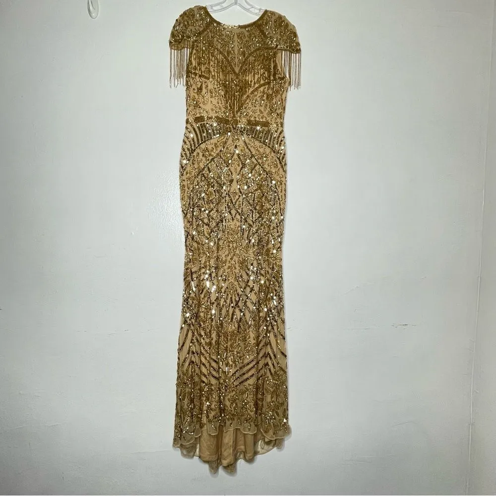 Mac Duggal 4715 Size 12 Embellished Fringe Cap Sleeve Trumpet Gown, Light Gold - Image 4