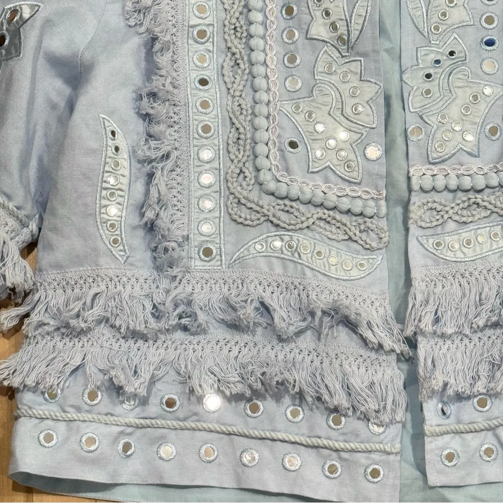 Boston Proper Blue Fringe Mirror Open Front Blazer Jacket Women’s Medium - Image 5