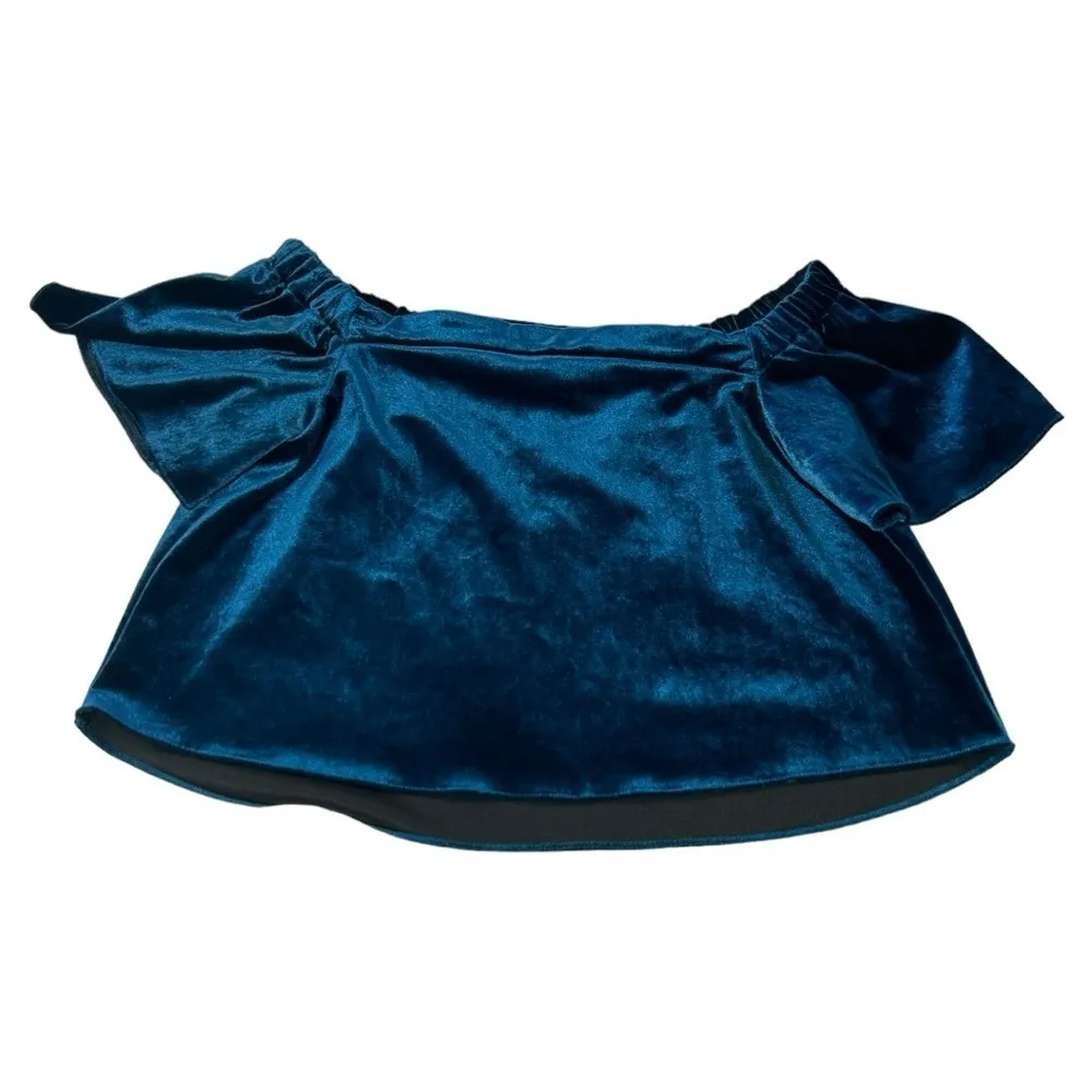 Topshop Bardot Blue Velvet Short Sleeve Off Shoulder Crop Top Size 12 NWT - Image 9