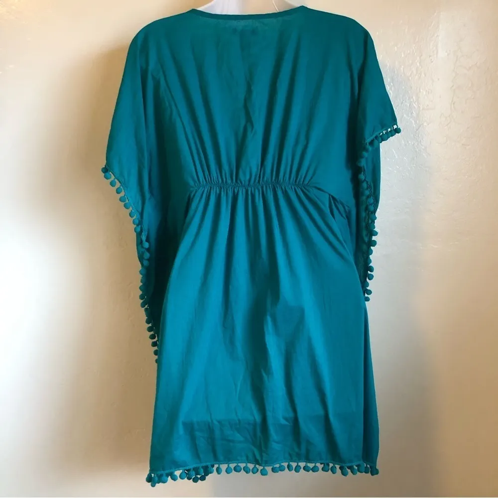 Old Navy Coverup top small Turquoise With Pom Pom Trim & Embroidery - Image 8