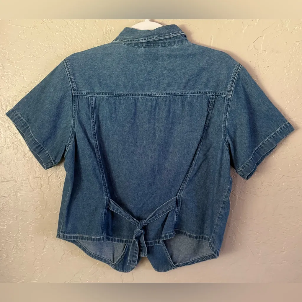 VTG Bobbie Brooks Embroidered Denim Shirt Womens L Garden Floral 90s Tie Back Blue Size L - Image 11