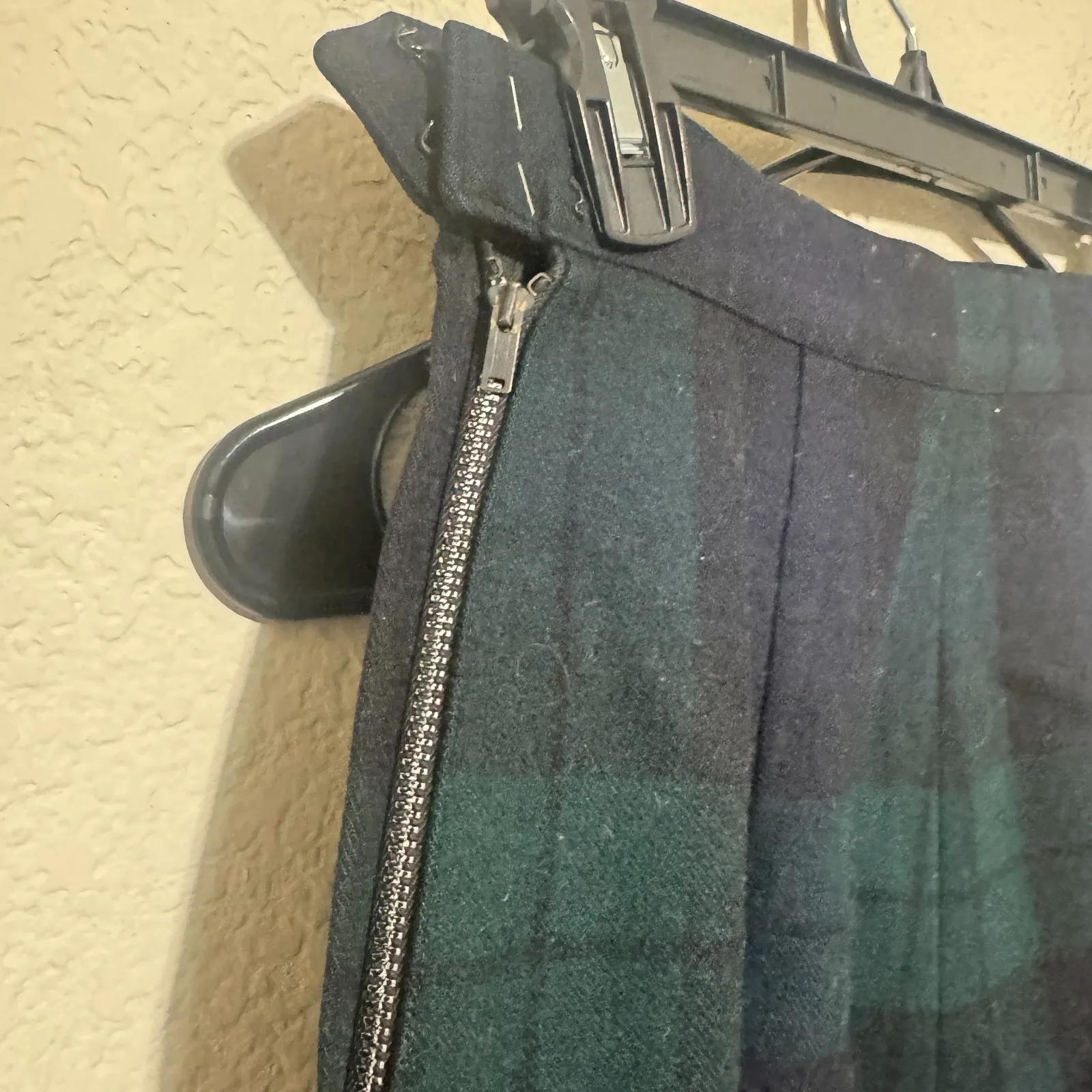 Vintage Pure Wool Plaid Skirt Green Navy Blue Homemade Tartan Midi Size XS - Image 5