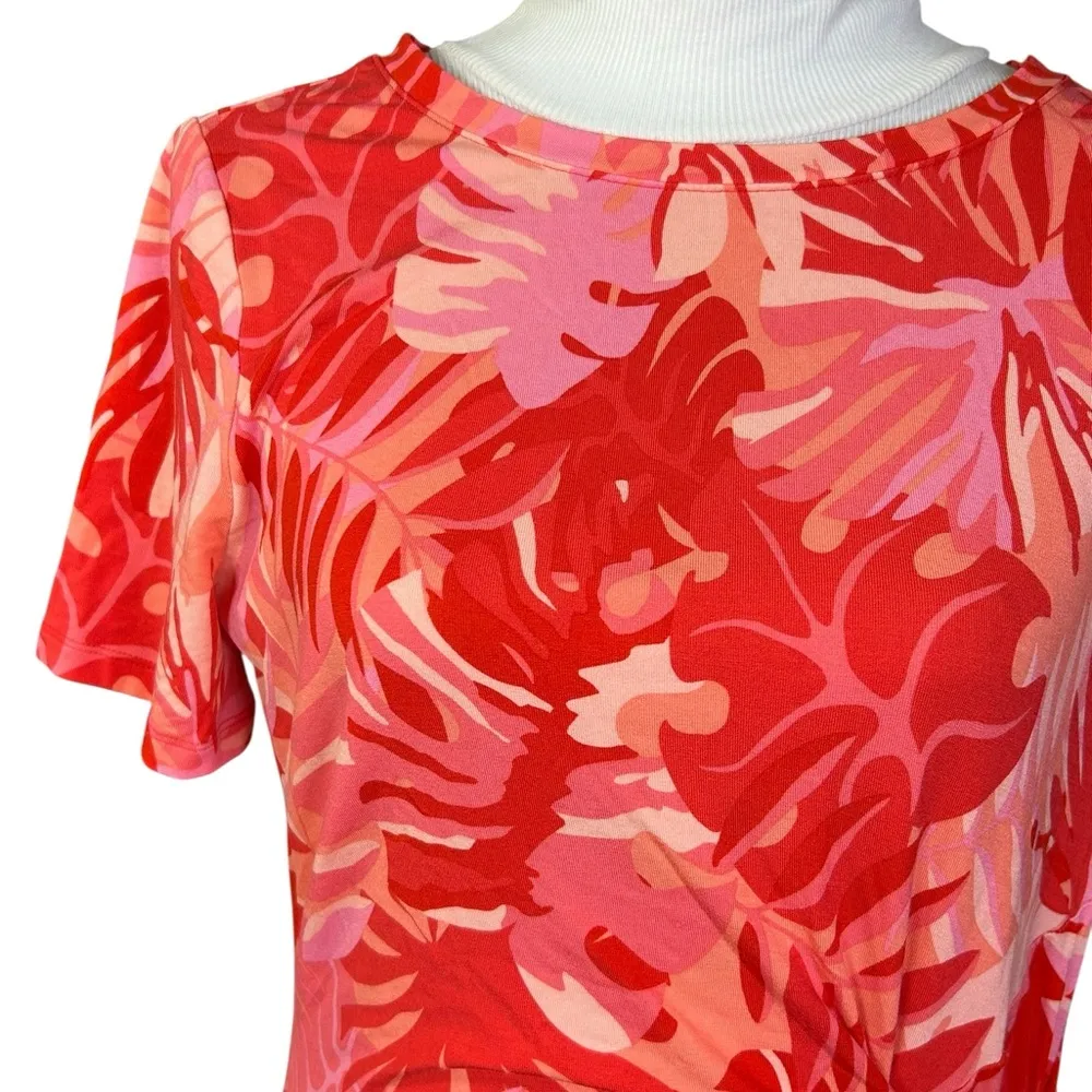 Chicos Tropical-Print Side-Tie Dress Size 1 8/10 Jersey Knit Midi Red Pink - Image 3