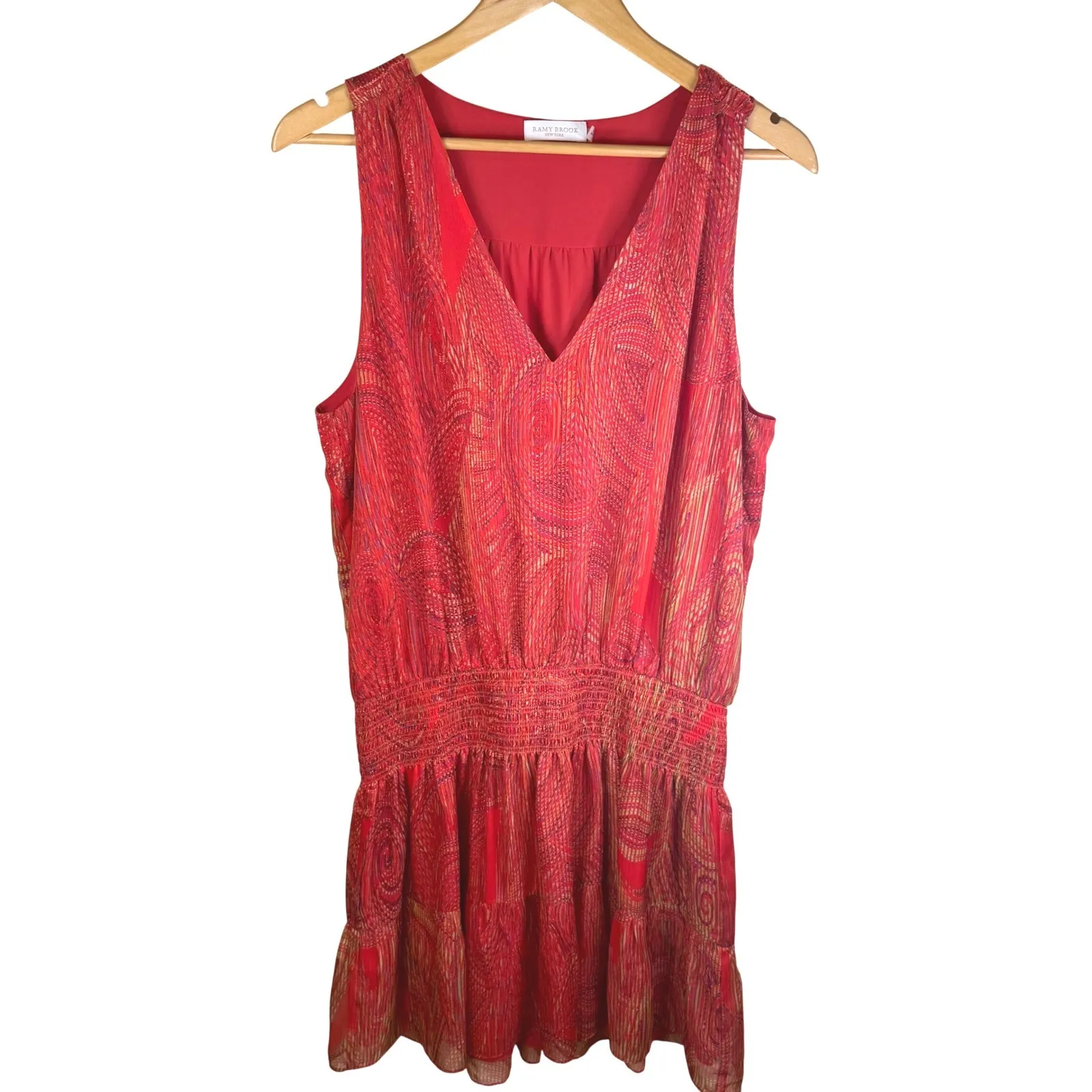 Ramy Brook Wolfe Boho Red Paisley Print Smocked Tiered Mini Dress Womens Size LG - Image 4