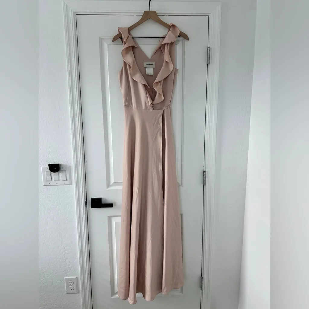 BHLDN Anthropologie Nude Pink Tansy Satin Charmeuse Ruffle Maxi Dress - Image 3