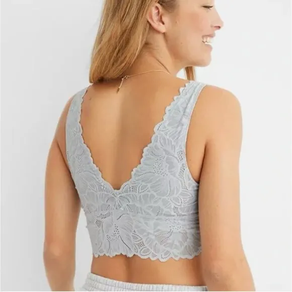 Aerie Lace Waffle Longline Bralette in Light Gray Size S New with Tags - Image 2