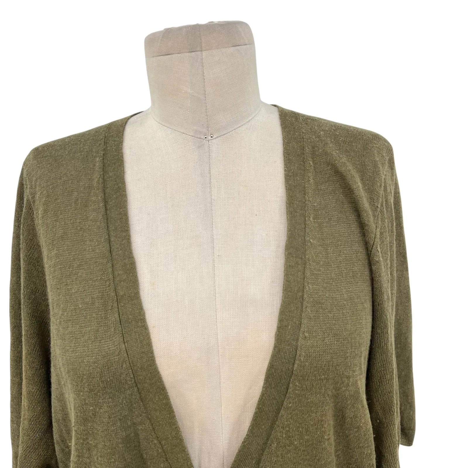 Eileen Fisher Cardigan Sweater Knit Short Sleeve Linen Silk Olive‎ Green Large - Image 2