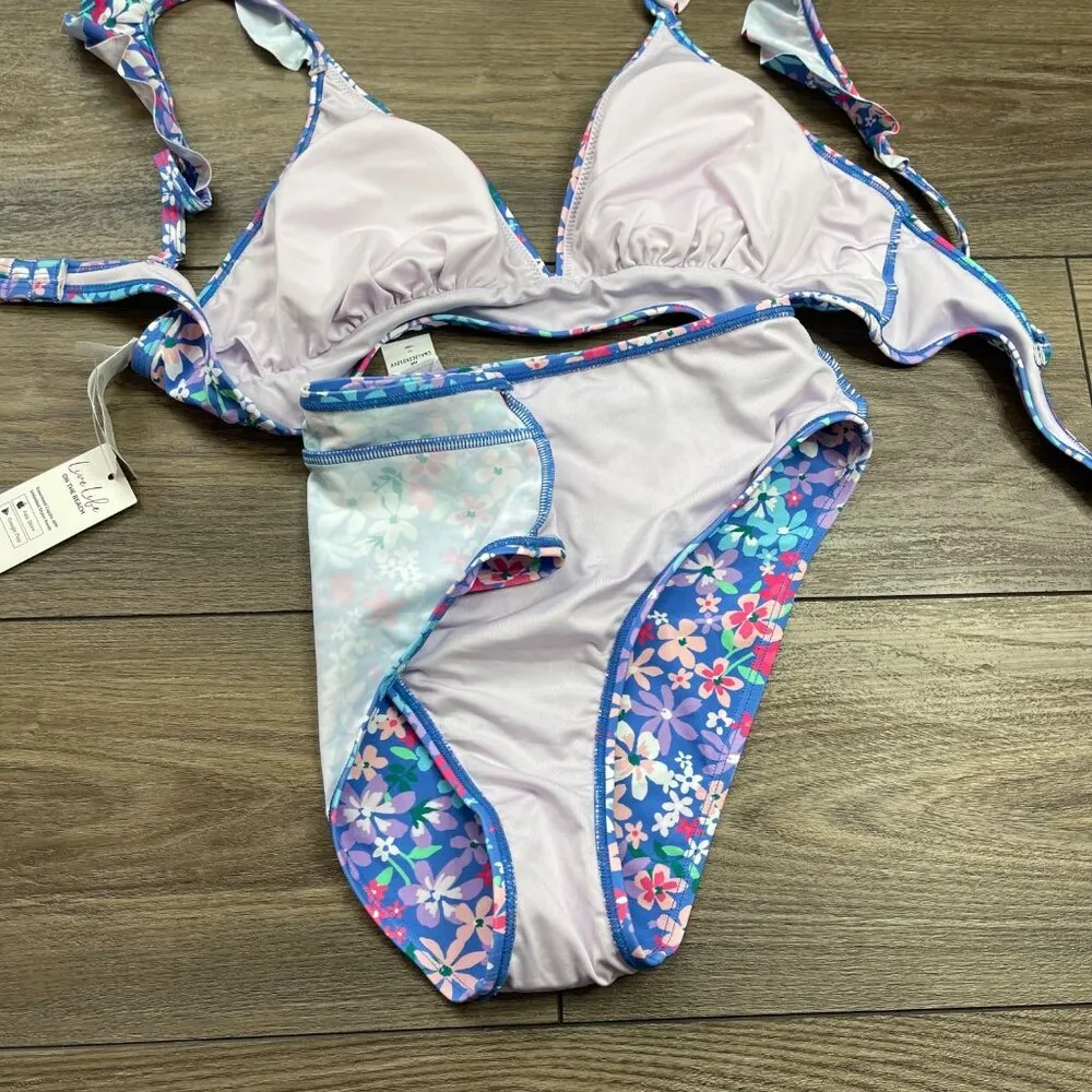 Cupshe Sundry Daisy Ruffled Bralette & High Waist Bikini Set Women's Size Medium - Image 5