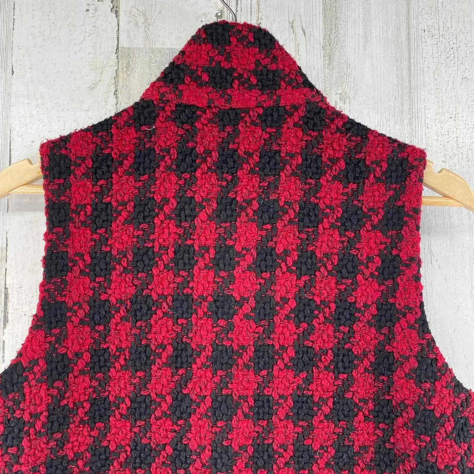 NTCO Nomadic Traders Sweater Vest Women Medium Red Black Plaid Wool Pockets - Image 5