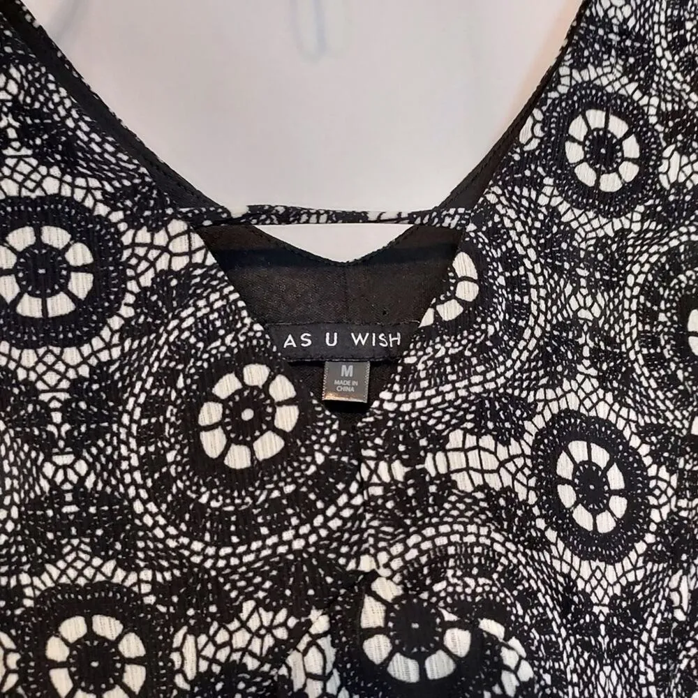 AS U WISH Black and White Floral Lace Pattern V-Neck Sleeveless Flowy Tank Dress - Image 3