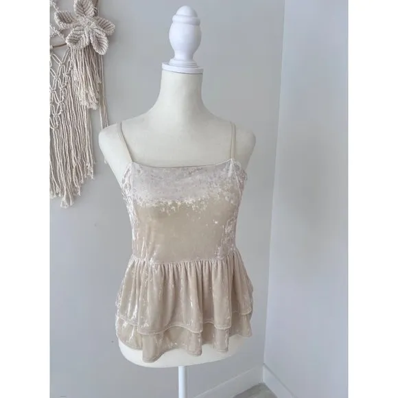 American Eagle Crushed Velvet Tank Top Cream Women's Medium Layered Dainty Flowy - Image 2
