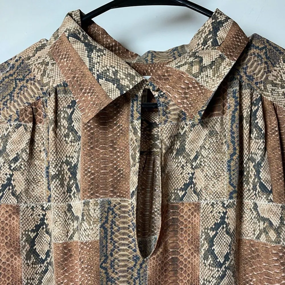 FRAME Willa Snakeskin Print Silk Crepe De Chine Blouse Sepia Multi Brown Large - Image 6