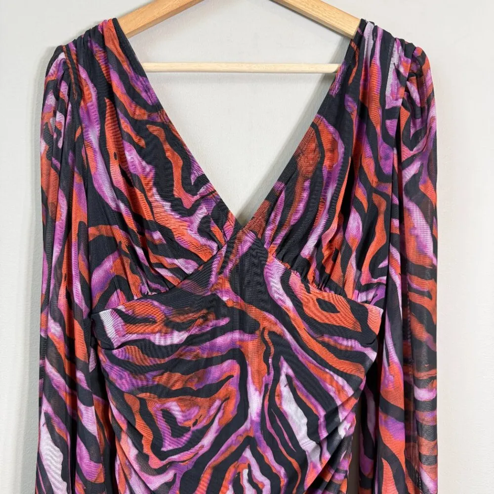 ASOS Zebra Print Plunge Long Sleeve Mini Dress Women's 10 Going Out Party Ruched - Image 5