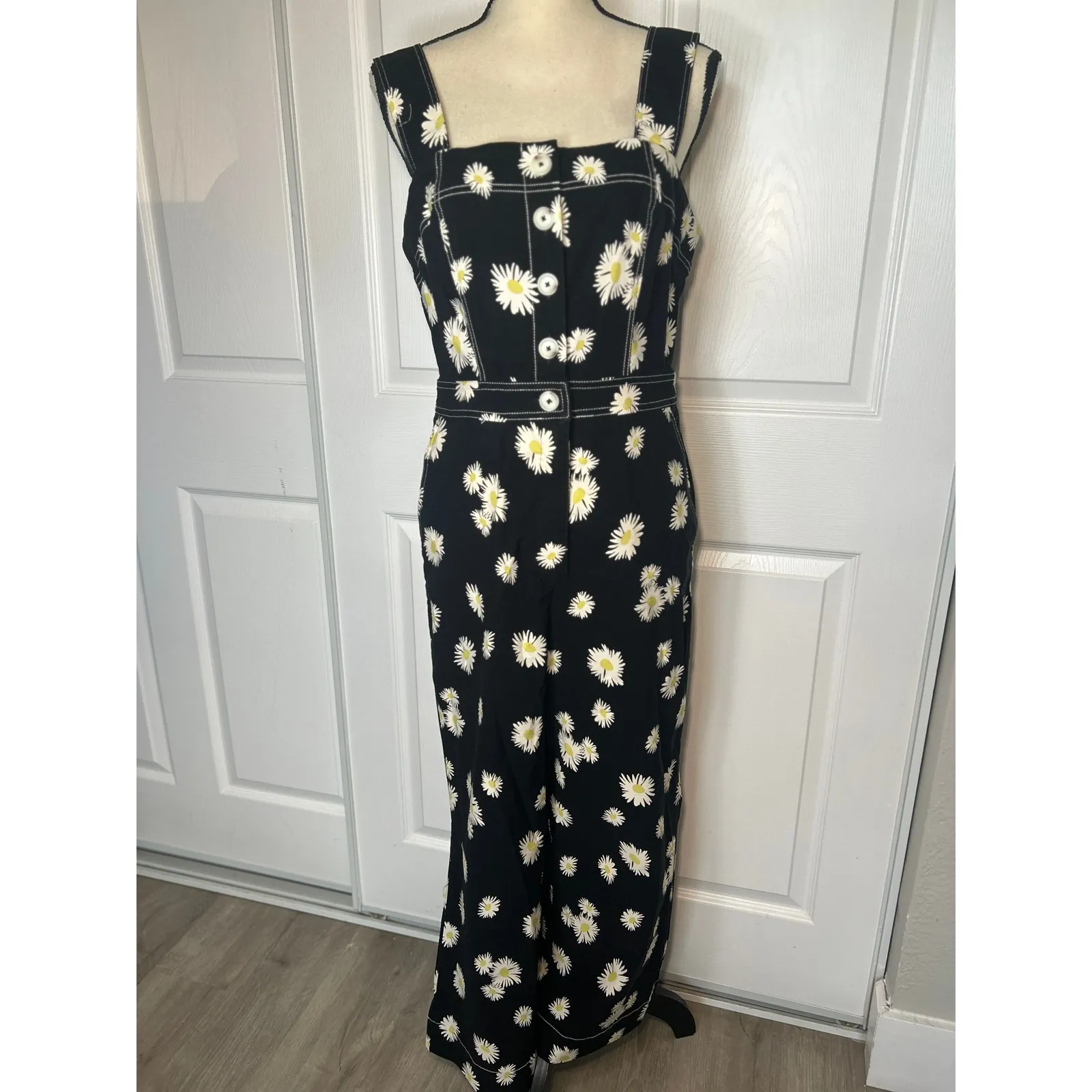 Maeve The Portside Colette Black Daisy Wide Leg Jumpsuit Button Front Size 12P - Image 3