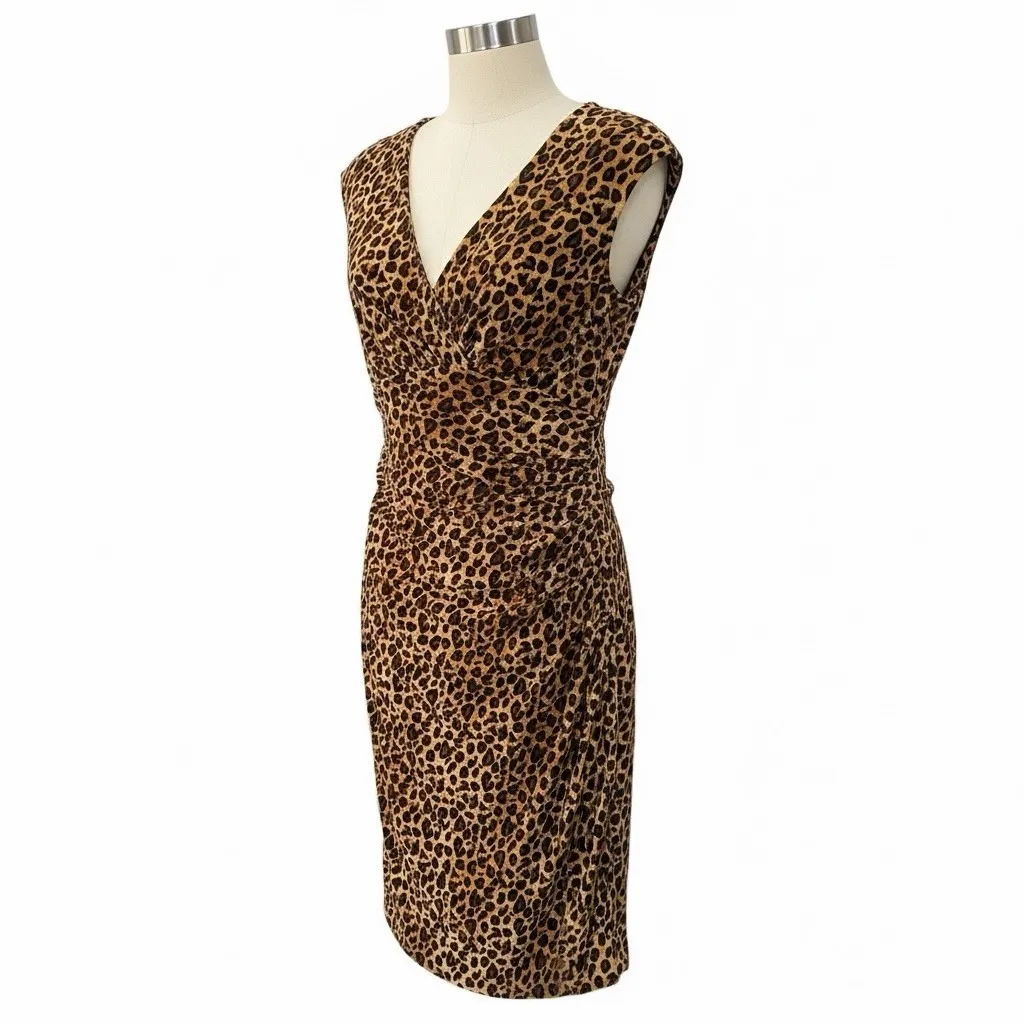 Lauren Ralph Lauren Womens 10 Leopard Faux Wrap Midi Dress Mob Wife - Image 2